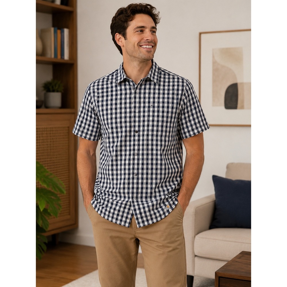 Carhartt Mens Relaxed Fit Gingham Plaid Short Sleeve Button Down‎ Shirt L Navy